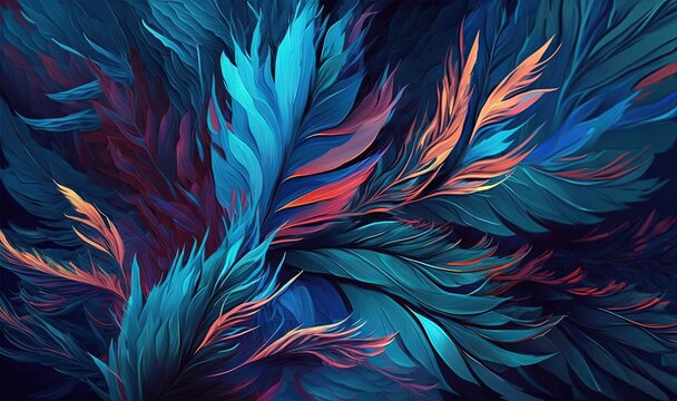  an abstract painting of colorful feathers on a dark blue and red background with a black background and a red and blue feather on the left side of the image.  generative ai