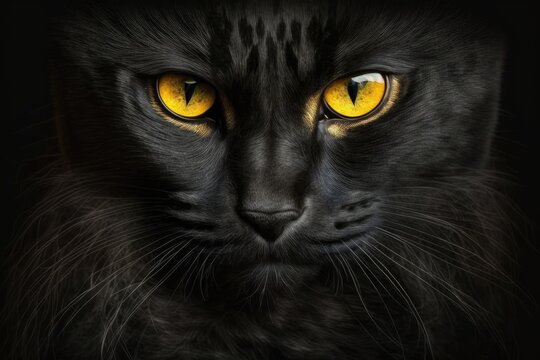 On a black background, a close up of a black cat reveals bright yellow eyes. Halloween and other horror themed themes. Take a good, long, panther and witchy look at yourself. Concepts of misfortune an