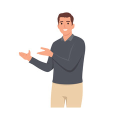 Young Man pointing away hands together and showing or presenting something while standing and smiling. Man pointing copy space. Emotion and body language concept