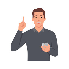 Happy young business man pointing up. He is representing idea, solution. Trendy person thinking while holding smart phone