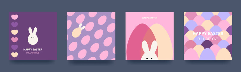 Happy easter. Set of spring holiday cards with rabbit, eggs and flowers. Backgrounds in pastel colors. Mosaic style. Vector