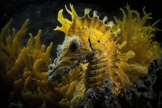 On a dark sandy seafloor with algae lives a juvenile Thorny Seahorse (Hippocampus histrix), which is a bright, sunny yellow. Scuba diver's underwater photograph of Indonesia's Sangeang volcano