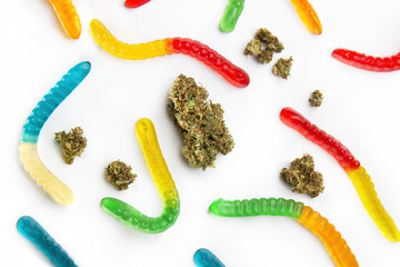 Dried marijuana buds and marmalade worms of different colors lie on a white background.  View from above