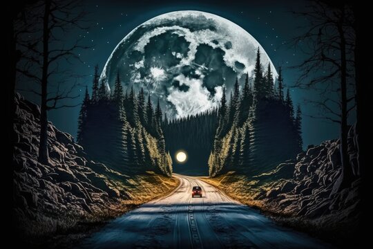 Forested mountain road, illuminated by the moon. Moonlight on a country road is a beautiful sight at night. Generative AI