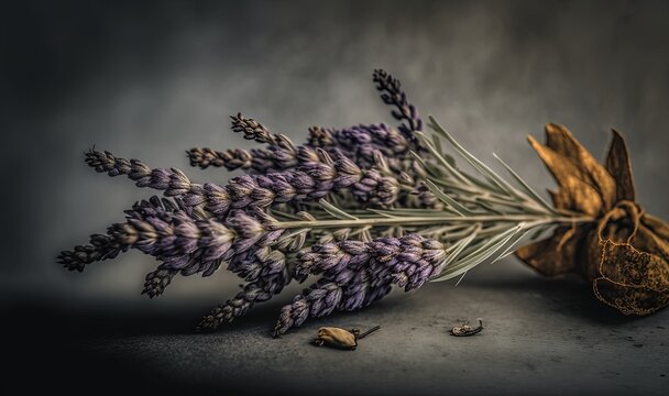  a bunch of lavender flowers sitting on top of a table next to a dried flower head and a dried seed on a table next to a piece of dried lavender.  generative ai
