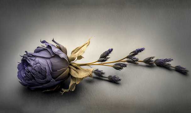  a purple flower is laying on a gray surface with a long stem of flowers in the center of the picture, with a single stem of the flower in the middle of the foreground.  generative ai