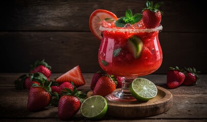  a strawberry margarita garnished with limes and sliced strawberries on a wooden table with strawberries and limes around the garnish.  generative ai