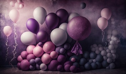  a bunch of balloons that are in the air with a purple and white one on top of the balloons and a purple and white one on the bottom of the balloons.  generative ai