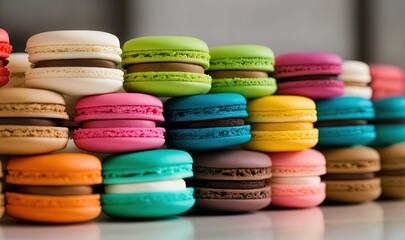 Fototapeta na wymiar a stack of colorful macaroons sitting on top of each other on a counter top next to a wall of other macaroons. generative ai