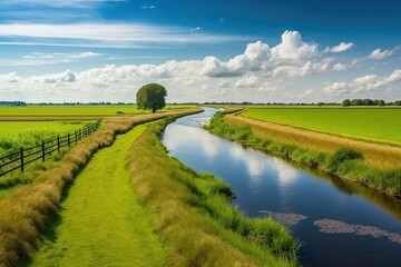 Naklejka premium Dutch polder and water area with green meadow in the summer countryside, beneath a blue sky. Along the road in the countryside of Noord Holland, the Netherlands, a little canal or ditch can be seen