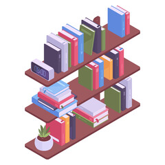 Fototapeta premium Isometric bookshelf. Library room or office bookshelves, book stack on school bookcase 3d vector illustration