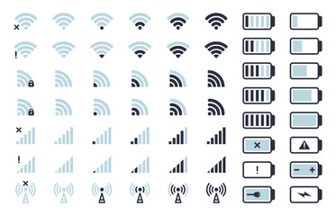Smartphone wifi and battery icons. Mobile phone indicators, battery charge level, 5G and wifi signal strength flat vector illustration set. Wireless network symbols