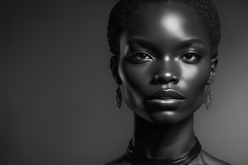 Black and white Fashion portrait beautiful black woman in studio lighting. Generative AI illustration