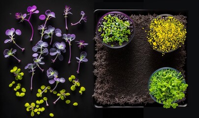  a table topped with different types of flowers and plants next to a tray of dirt and dirt on top of a black tablecloth with a black background.  generative ai