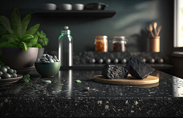 Black Marble Kitchen Countertop on Blurred Background, Luxury Marble Table Mockup, Generative AI Illustration