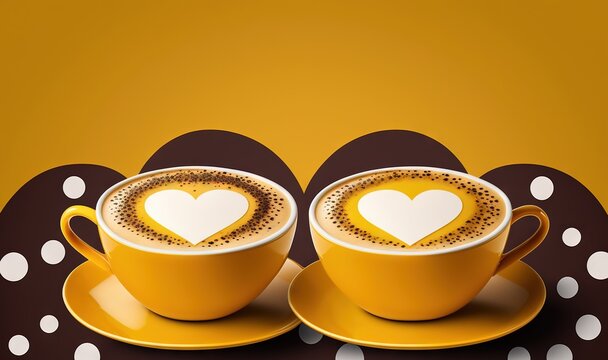  two cups of coffee with a heart on them on a polka dot tablecloth with a yellow background and a black polka dot tablecloth.  generative ai