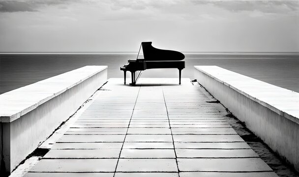  a black and white photo of a piano on a pier by the ocean with a person sitting at the end of the pier looking at the water.  generative ai