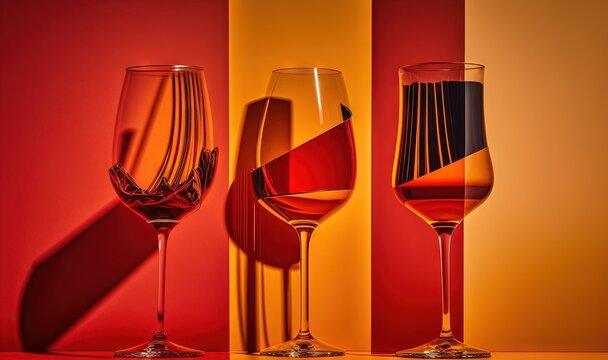  three glasses of wine on a table with a red and yellow background and a red and yellow wall in the background with a shadow of the wine glass.  generative ai