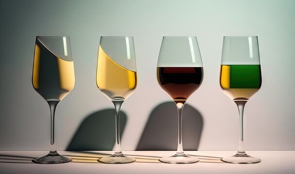  three glasses of different colored wine are lined up in a row on a white surface with a shadow of a wall in the middle of the glass.  generative ai