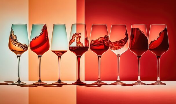  a row of wine glasses with different colored liquids in them on a red and pink background with a red and orange background and a red wall.  generative ai