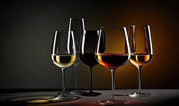  three glasses of wine sitting on a table with a black background behind them and a brown background behind them with a shadow of a wine glass in the middle.  generative ai