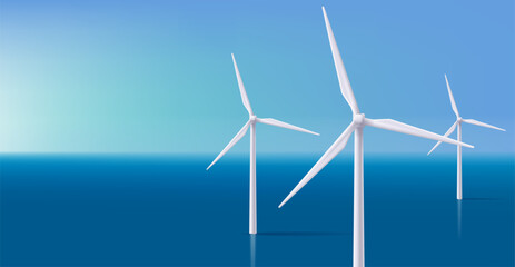 Wind electro station in the ocean 3d illustration, realistic render style, green energy