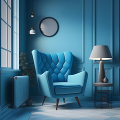 Cozy modern living room interior with blue armchair and decoration room on a Orange or white wall background, Generative AI
