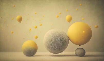  a group of yellow and white balls floating in the air with bubbles coming out of the top of them and on top of the ground.  generative ai