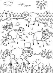 Fototapeta premium Sheep on pasture in St. Patrick's Day coloring page, sign, poster, or activity sheet 