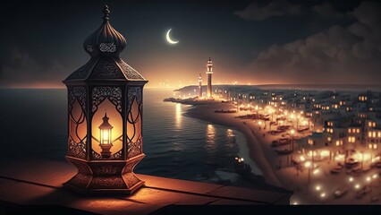 view of a lantern on a rooftop of a building looking over the beach at night - Eid ul Fitr 