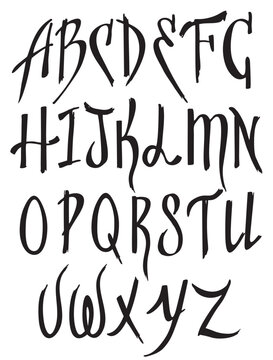 Graphic font for your design. Hand drawn complete calligraphy alphabet. Stylish letters with figures