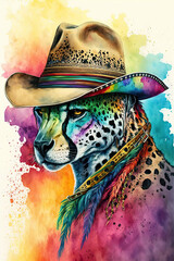 cheetah Cowboy hat, Psychedelic Illustration. Generative AI