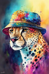 Cheetah wearing Hat, Psychedelic Illustration. Generative AI