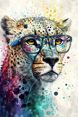 Cheetah wearing eyeglasses, Psychedelic Illustration. Generative AI