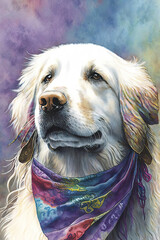 dog wearing Bandana, Psychedelic Illustration. Generative AI