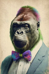 Gorilla wearing Bow ties, Psychedelic Illustration. Generative AI