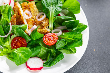 chicken salad meat, fresh vegetable, tomato, radish, green leaves lettuce meal food snack on the table copy space food background rustic top view 