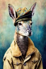 Kangaroo wearing Beret, Psychedelic Illustration. Generative AI