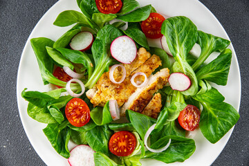 chicken salad meat, fresh vegetable, tomato, radish, green leaves lettuce meal food snack on the table copy space food background rustic top view 
