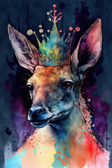 Kangaroo wearing crown, Psychedelic Illustration. Generative AI