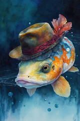 Koi Fish wearing Cowboy hat, Psychedelic Illustration. Generative AI