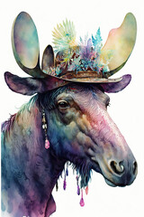 Moose wearing Cowboy hat, Psychedelic Illustration. Generative AI