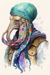 Octopus wearing Bandana, Psychedelic Illustration. Generative AI