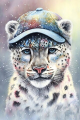 Snow Leopard wearing Baseball cap, Psychedelic Illustration. Generative AI
