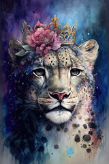 Snow Leopard wearing crown, Psychedelic Illustration. Generative AI