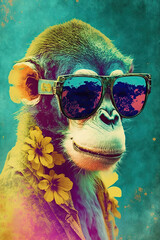 Squirrel Monkey wearing sunglasses, Psychedelic Illustration. Generative AI