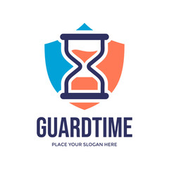 Guard time vector logo template. This design use shield and hourglass. Suitable for time management, business.