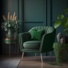 Cozy modern living room interior with green armchair and decoration room on a Orange or white wall background, Generative AI
