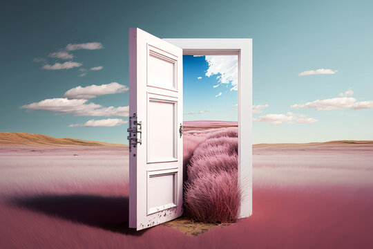 A captivating view of an open white door set against a soft pink grass field landscape, with a beautiful blue sky in the background, Generative AI