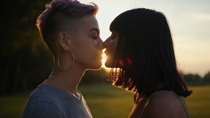 Close up portrait of two lesbian women kissing on sunset